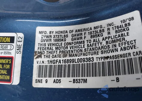 2009 Honda Civic Ex from USA, damaged, VIN 1HGFA16899L009383